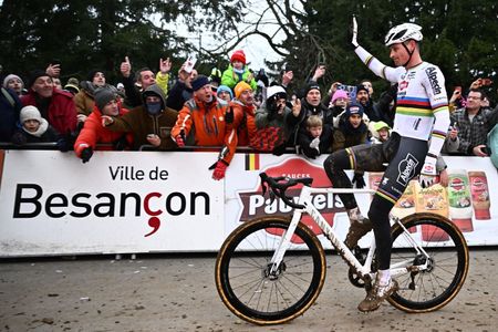 Dutch Mathieu Van Der Poel pictured crossing the finish line of the men's elite race at the Cyclocross World Cup cyclocross event in Besancon, France, , the eighth stage (out of 12) in the World Cup of the 2023-2024 season.
BELGA PHOTO JASPER JACOBS (Photo by JASPER JACOBS / BELGA MAG / Belga via AFP)