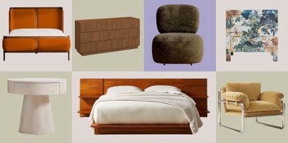 The best bedroom furniture styles for 2025 pictured against a colorful checkered background