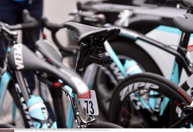 A rear-view camera on a Omega Pharma-Quick Step bike