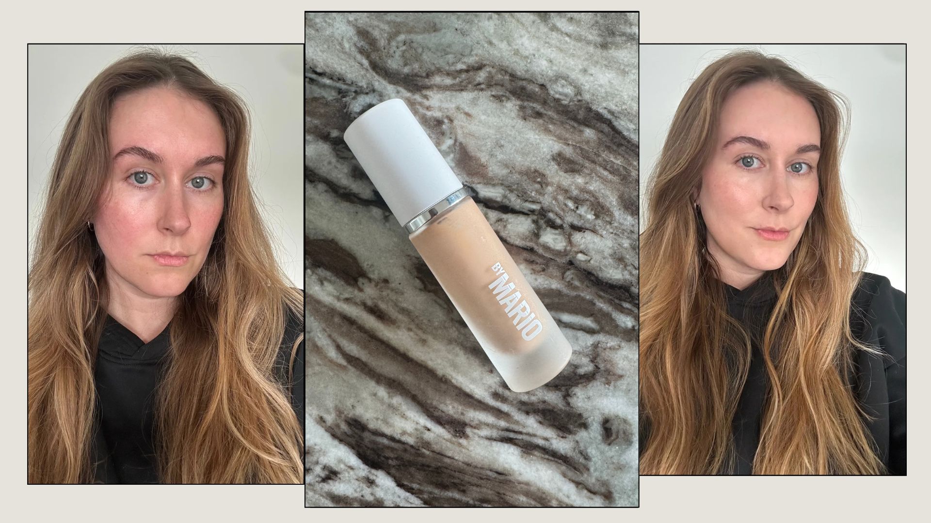 Kaitlyn McLintock before and after using the Makeup By Mario foundation, alongside a photo of the foundation
