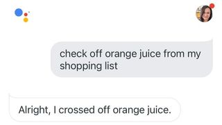 Google Assistant conversation with user asking for orange juice to be checked off their shopping list