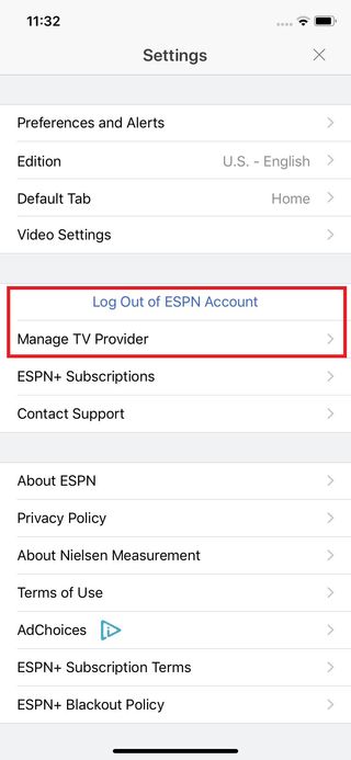 ESPN app iOS Settings Account Info Highlighted
