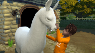 The Sims 4 - A child pets a llama at a farm small business