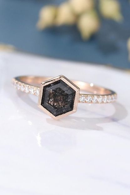 Sonyajewelryshop Hexagon Black Quartz Engagement Ring
