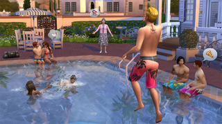 A sim dives into a swimming pool