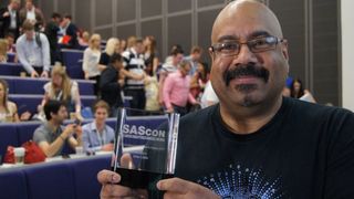 Mike Little gets an award for his Outstanding Contribution to Digital at SASCon 2013. Image by Jonathan Robinson from Bellyflop TV