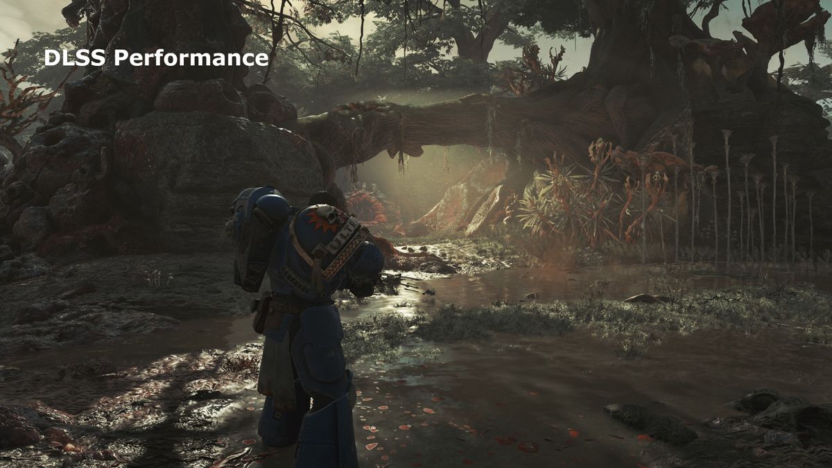 Screenshots from Warhammer 40,000: Space Marine 2 showing the use of DLSS upscaling
