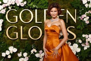 Zendaya at the 2025 Golden Globes wearing Louis Vuitton and an eye-catching diamond ring