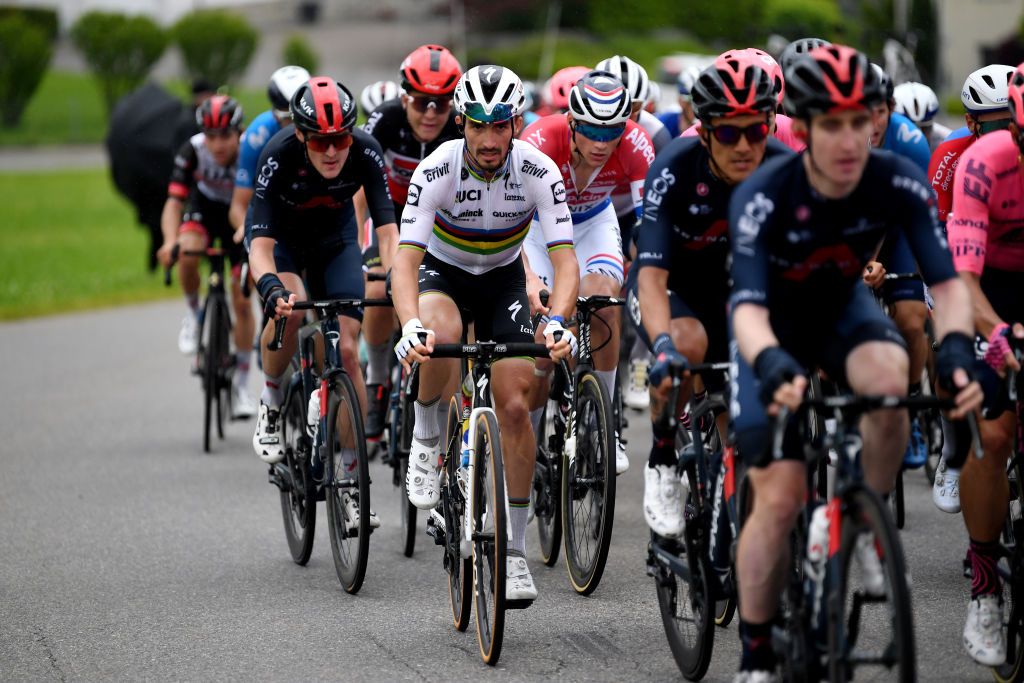 LACHEN SWITZERLAND JUNE 07 Julian Alaphilippe of France and Team Deceuninck QuickStep during the 84th Tour de Suisse 2021 Stage 2 a 178km stage from Neuhausen am Rheinfall to Lachen UCIworldtour tds tourdesuisse on June 07 2021 in Lachen Switzerland Photo by Tim de WaeleGetty Images