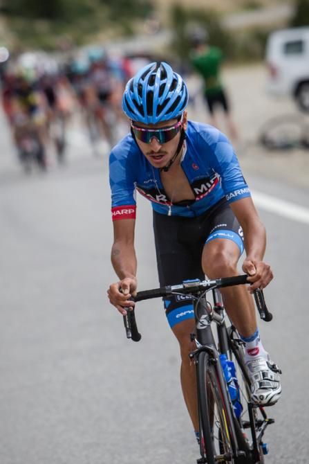 Lachlan Morton (Garmin Sharp) launches his attack up Hoosier Pass.