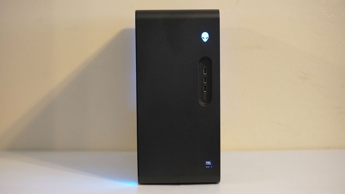 An Alienware Aurora gaming desktop on a desk seen from the front