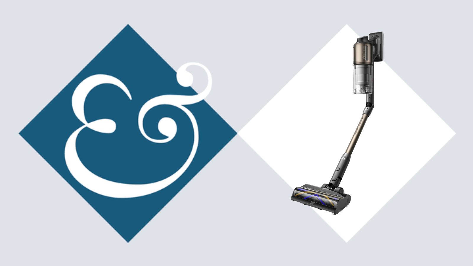 The dark gray Dreame Z30 Pro Aqua Stick Vacuum on a blue and white H&amp;G ampersand and diamond template background
