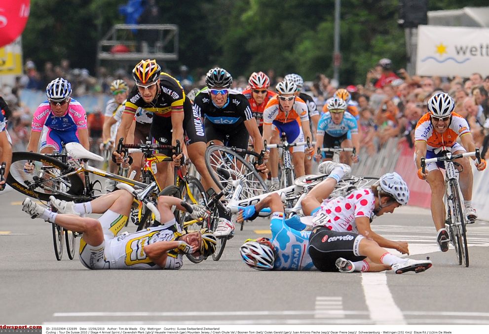 Boonen involved in a huge crash during a sprint at the 2010 Tour de Suisse