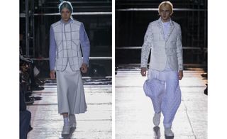 Left: model wearing blue shirt with white patchwork-style front, white skirt and shoes. Right: model wearing white shirt with architectural print and white, quilted trousers