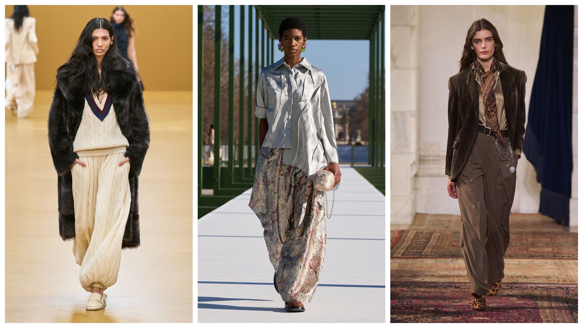 balloon pants on the fall 2026 runways of Zimmermann, Dior, Ralph Lauren.