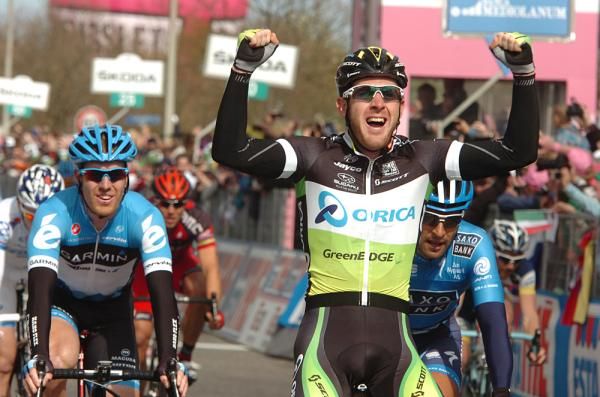 Matthew Goss (Orica-GreenEdge) wins the sprint on stage 3 of the Giro d'Italia