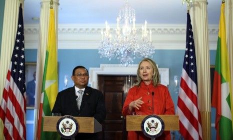 Secretary of State Hillary Clinton, with Burmese Foreign Minister U Wunna Maung