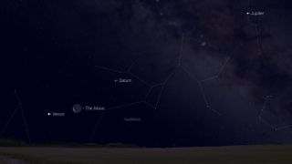 Venus will be in conjunction with the moon on Saturday, March 2, at 4:29 p.m. EST (2129 GMT). It will be below the horizon for skywatchers in the U.S. at that time, but it will appear close to the moon before sunrise. Look for them above the southeast horizon; the moon will be in the constellation Sagittarius, and Venus will be to its left in the constellation Capricornus.