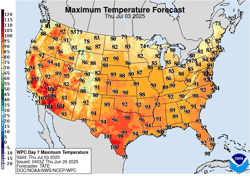 a map of the united states with temperatures overlaid on it; most are in the 80s or above