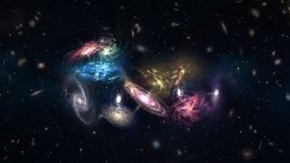 An artist's impression of the 14 galaxies detected by the Atacama Large Millimeter/submillimeter Array. They appear in the very early and distant universe, and these galaxies are in the process of merging to eventually form the core of a massive galaxy cluster.