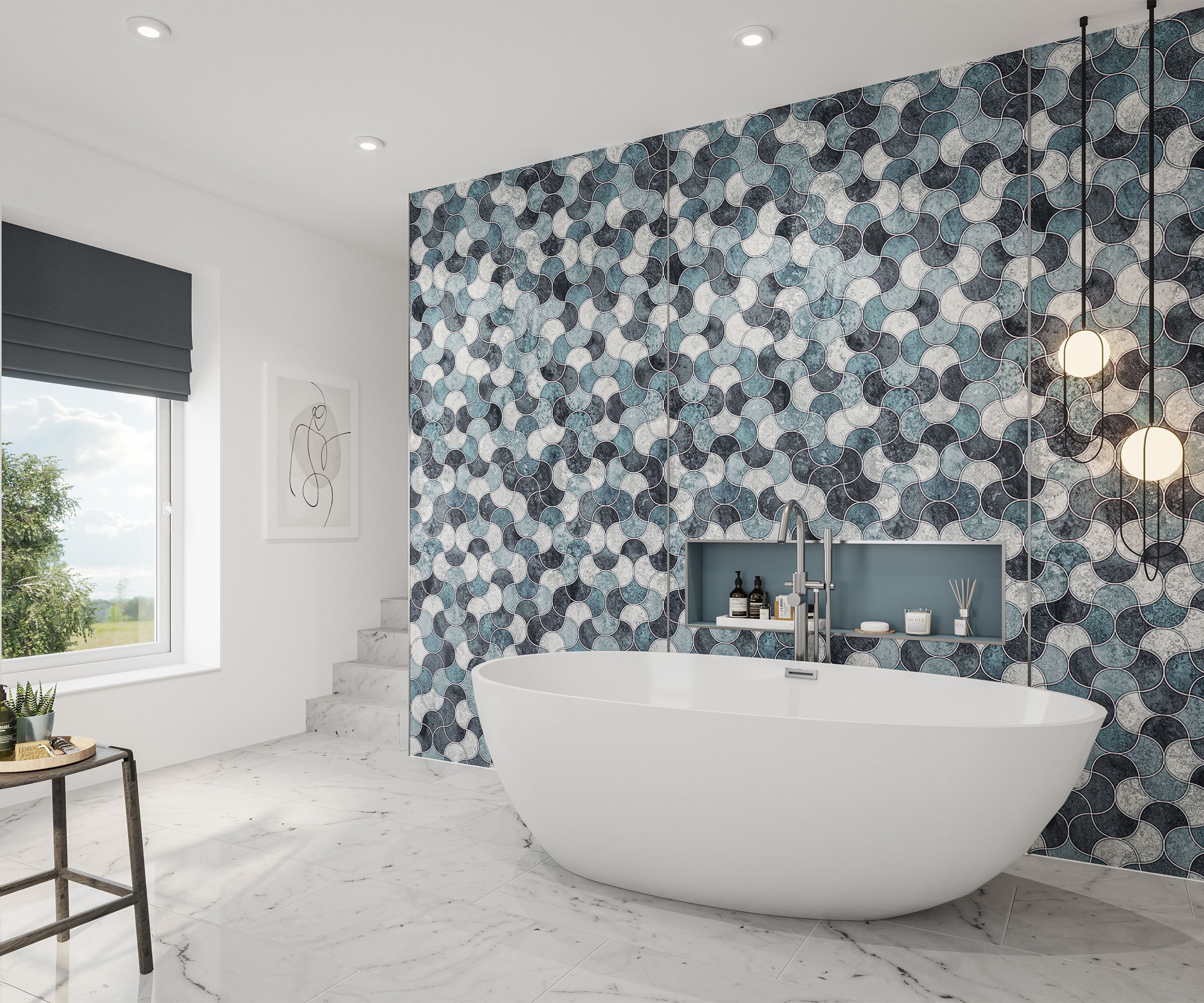 A bathroom with a large curved freestanding bath and a statement wall with an intricate blue tile pattern