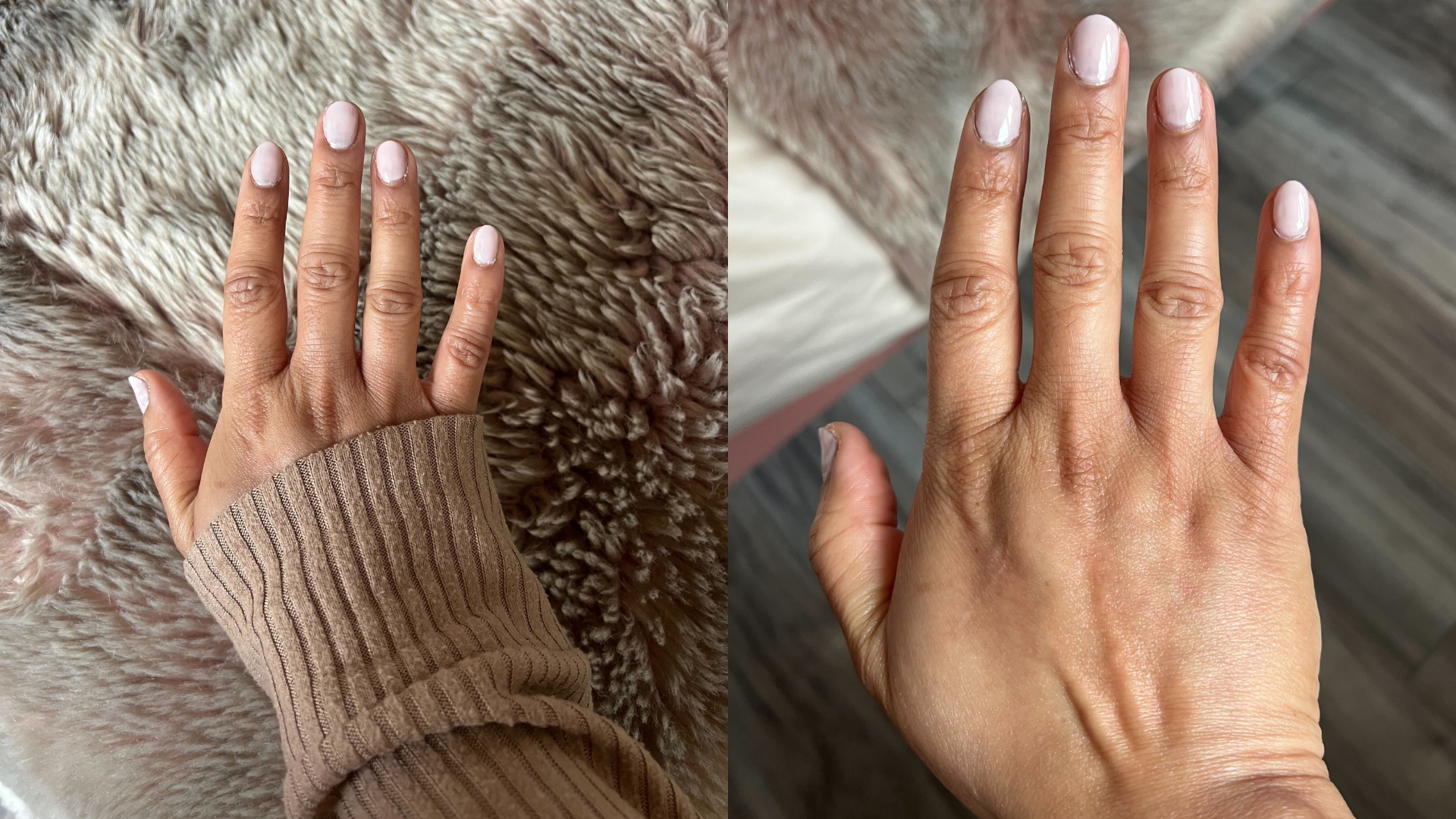 Two close-up pictures of Digital Beauty eCom Editor, Aleesha Badkar's hands with the OPI Bubble Bunny lacquer applied to her nails.