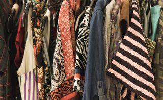 Mixed pattern clothing on a rack