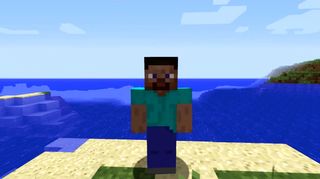 Minecraft Steve op een strand kijkt de camera in