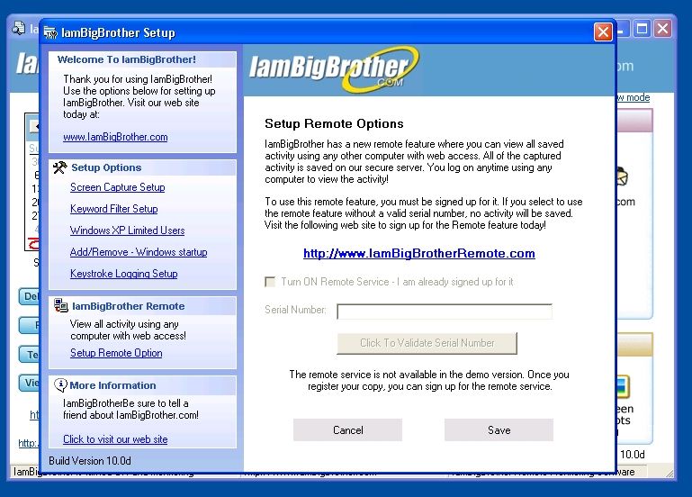 IamBigBrother Image:
The manufacturer aggressively promotes the parental software's Remote Options feature. For an extra cost, this service allows the parent to view all gathered information from any internet-connected PC via the IamBigBrother product website.