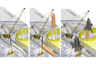 Graphic showing how cranes will be used to stack the solid rocket boosters, external tank and space shuttle Endeavour for display in the Samuel Oschin Air and Space Center.