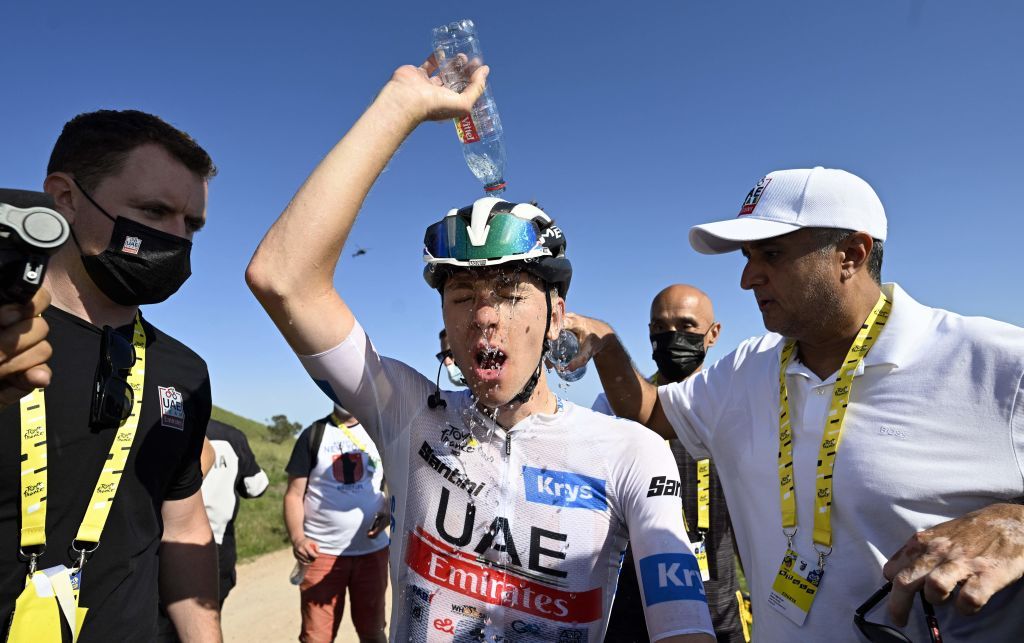 Slovenian Tadej Pogacar of UAE Team Emirates reacts after stage 9 of the Tour de France cycling race a 1824 km race from SaintLeonarddeNoblat to Puy de Dome France Sunday 09 July 2023 This years Tour de France takes place from 01 to 23 July 2023 BELGA PHOTO POOL VINCENT KALUT Photo by POOL VINCENT KALUT BELGA MAG Belga via AFP Photo by POOL VINCENT KALUTBELGA MAGAFP via Getty Images