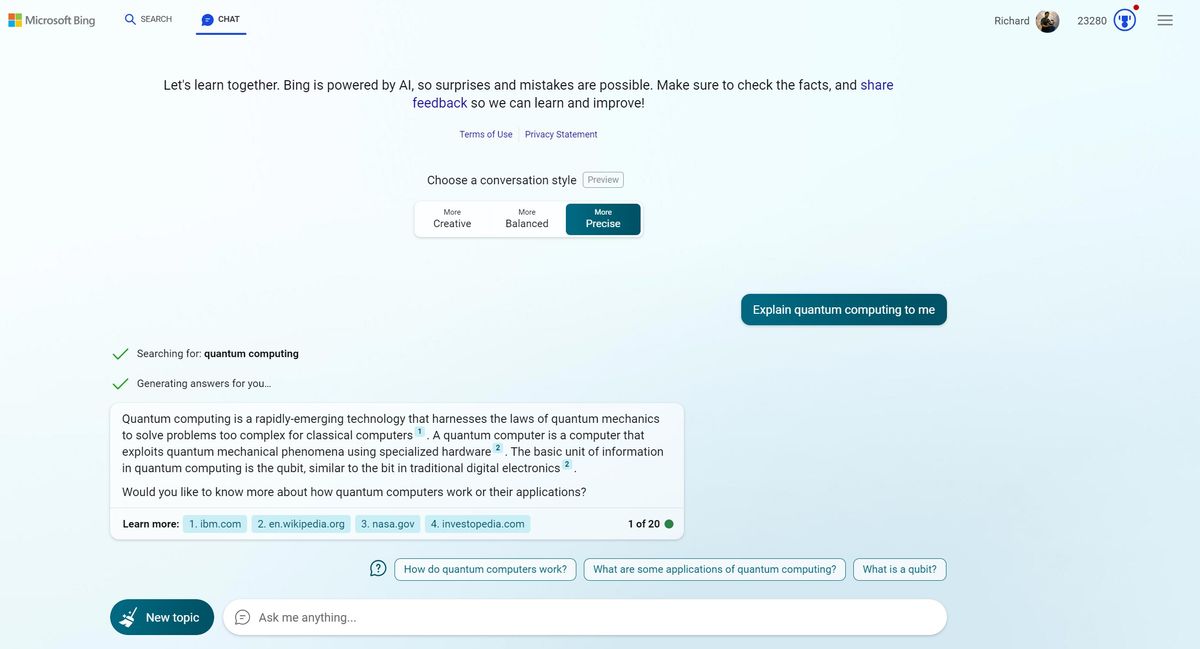 Bing Chat explaining quantum computing
