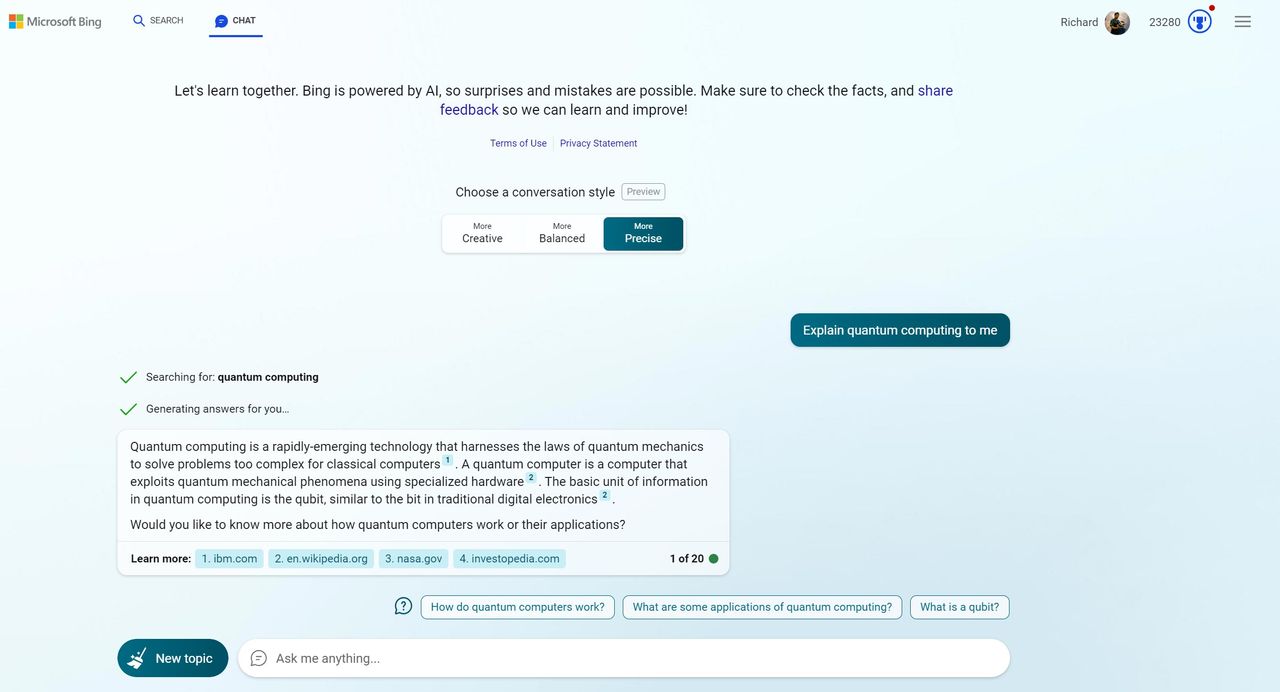 Bing Chat explaining quantum computing