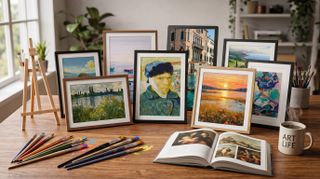 Digital art frames on a table surrounded by art books and paint brushes