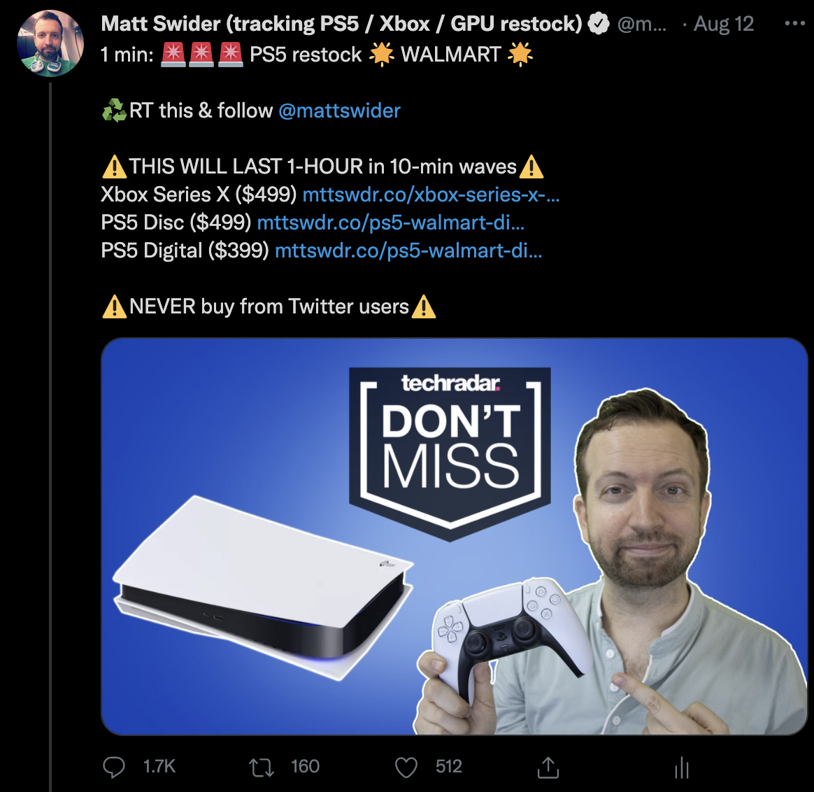 PS5 restock Twitter tracker alert for Walmart from Matt Swider