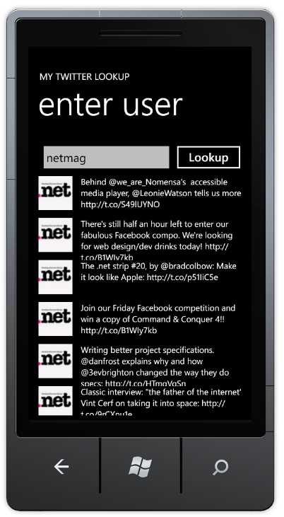 The final application returning tweets from a username provided by a user