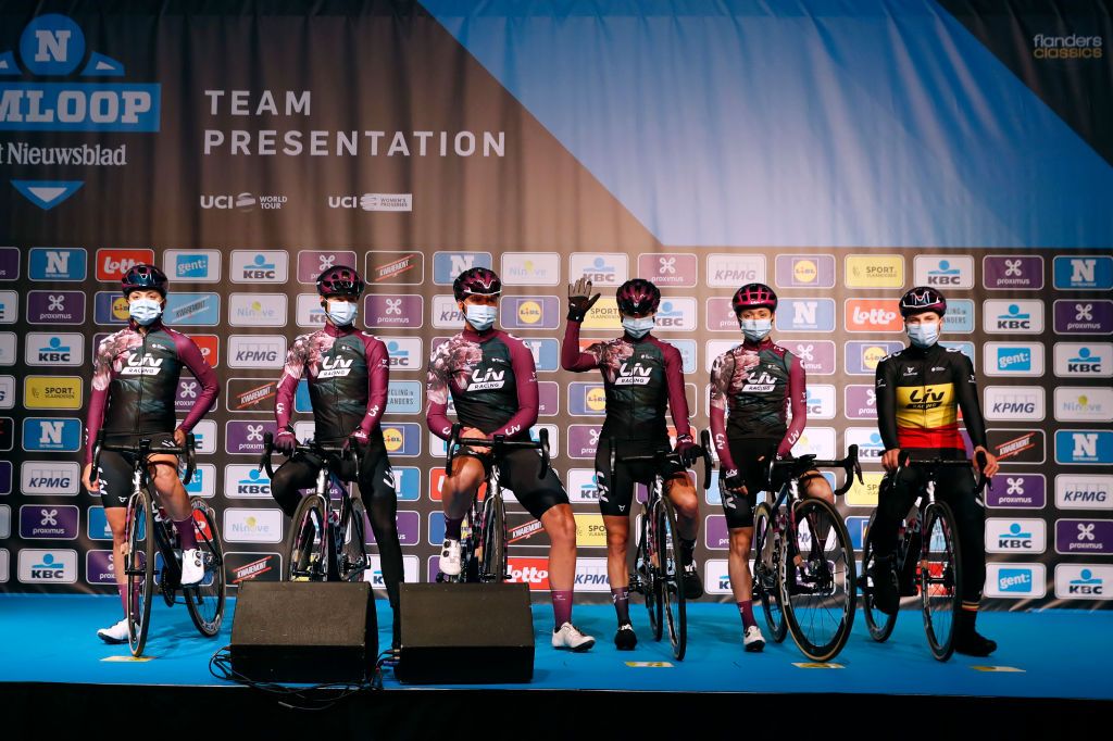NINOVE BELGIUM FEBRUARY 27 Start Lotte Kopecky of Belgium Sofia Bertizzolo of Italy Valerie Demey of Belgium Evy Kuijpers of The Netherlands Jeanne Korevaar of The Netherlands Soraya Paladin of Italy and Team Liv Racing during the 16th Omloop Het Nieuwsblad 2021 Womens Race a 1244km race from Ghent to Ninove Team Presentation Mask Covid safety measures OmloopHNB OHN21 FlandersClassic on February 27 2021 in Ninove Belgium Photo by Bas CzerwinskiGetty Images