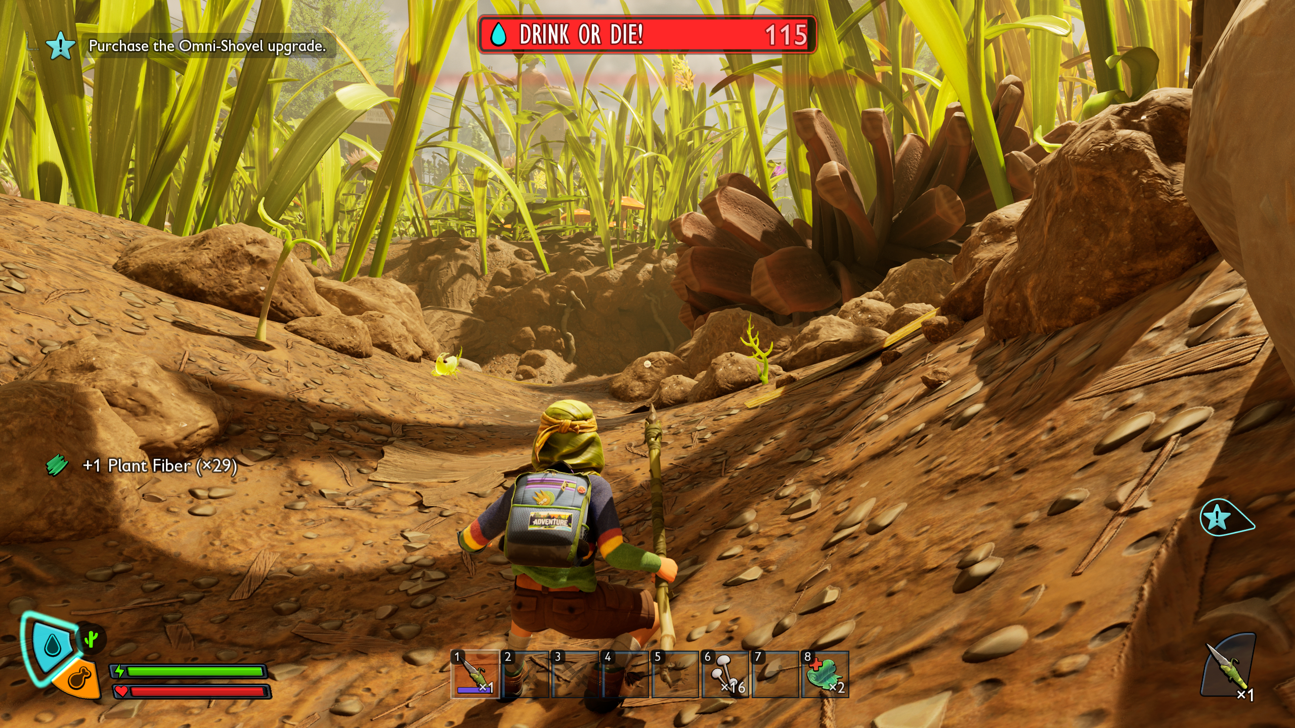 Grounded 2 water locations: A character holding a spear on a dirty path with the message "drink or die" at the top of the screen.