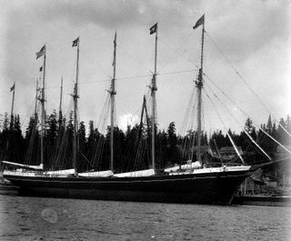 Five-masted lumber schooner George E. Billings shortly after launching, more than a century ago. The Hall Bros. built the 224-foot wooden vessel at Port Blakely, Wash., for their own account in 1903. 