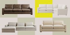 a collage of Pottery Barn sofas on a colorful background