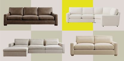 a collage of Pottery Barn sofas on a colorful background