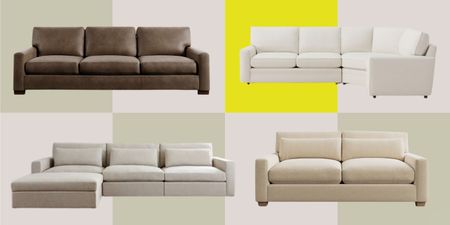 a collage of Pottery Barn sofas on a colorful background