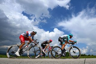 PADOVA ITALY MAY 23 LR Maestri of Italy and Team Polti Kometa Mikkel Frolich Honore of Denmark and Team EF Education EasyPost and Filippo Fiorelli of Italy and Team VF Group Bardiani CSF Faizane compete in the breakaway during the 107th Giro dItalia 2024 Stage 18 a 178km stage from Fiera di primiero to Padova UCIWT on May 23 2024 in Padova Italy Photo by Tim de WaeleGetty Images