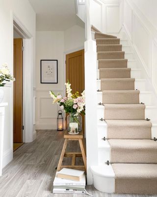 cream stair runner with stair rods