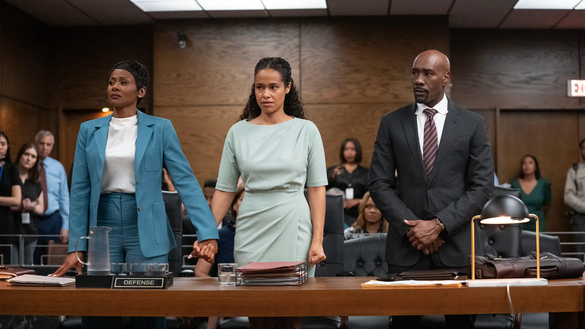 Jax Stewart (played by Emayatzy Corinealdi), Monica (Brandee Evans) and Corey Cash (Morris Chestnut) star in &quot;Reasonable Doubt&quot; season 3