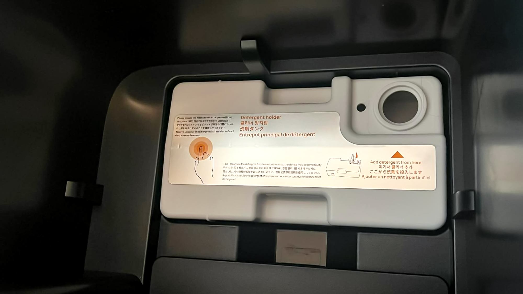 The inside of the Narwal Flow 2 robot vacuum base