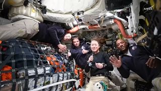 Artemis 2 crew members Jeremy Hansen, Reid Wiseman, Christina Koch, and Victor Glover answer questions from reporters during the first downlink event of their mission.