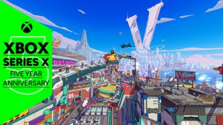Hi-Fi Rush screenshot of a cityscape with an Xbox Series X five year anniversary overlay