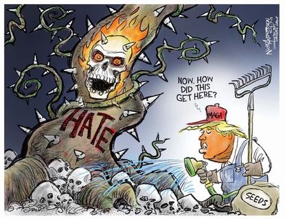 Political Cartoon U.S. Trump Farmer Sowing Seeds of Hate