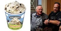 A tub of Ben & Jerry's ice cream next to a photo of the company's founder Ben Cohen getting arrested at a senate hearing